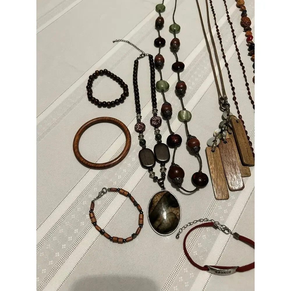 Vintage Nature Mixed Lot 16Pc Wood Leather Seed Bead Necklace Bracelet Lot